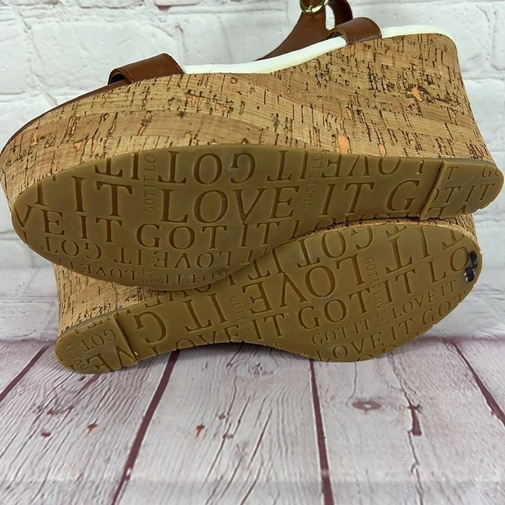 G.I.L.I. Kate Cognac Brown Leather Tassel Wedge Cork Platform Sandal Size 10